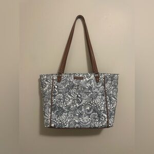 Sakroots Black and White Floral Tote with Brown Straps